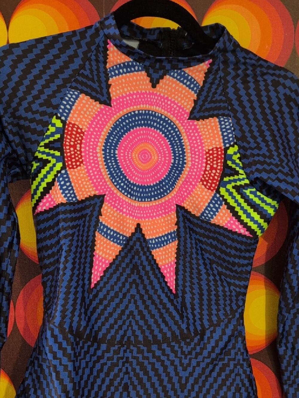 Mara Hoffman Blue Geometric Long-Sleeve One-Piece with Neon Starburst - Picture 3 of 6